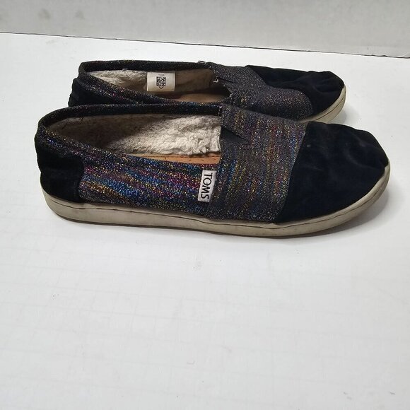 TOMS Classics Black Metallic Velvet Flats Sparkly Sherpa Lined size 4.5 - Picture 2 of 9